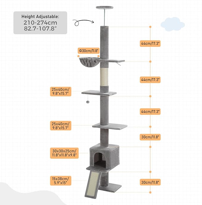 PEQULTI Floor to Ceiling Cat Tree, Tall Cat Tower, Adjustable Height (83''-108'') 5 Levels Climbing Tree for Indoor Cats with Cat Condo, Cozy Hammock and Scratching Post, Grey-Mewly Pet