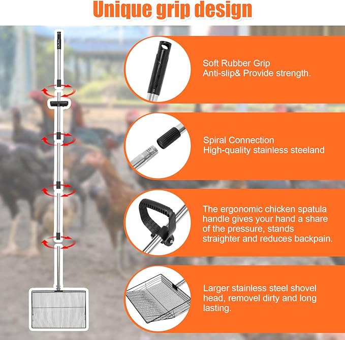 15 inch Large Chicken Poop Scooper with Ergonomic Grip, 6 in 1 Detachable Chicken Scooper for Poop Shovel (20 to 79"), Stainless Steel Sifting Shovel for Chicken Coop/Goat Stall/Stable Cleaning Tool-Mewly Pet