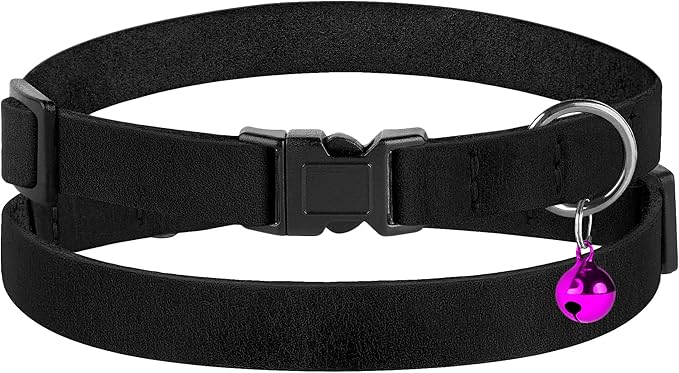 Breakaway Cat Collar Leather with Removable Bell - 13 Colors Available - Soft Adjustable Girl Boy Safety Lightweight Pet Kitten Collars Pink Brown Blue Green Red Orange Black (Black)-Mewly Pet