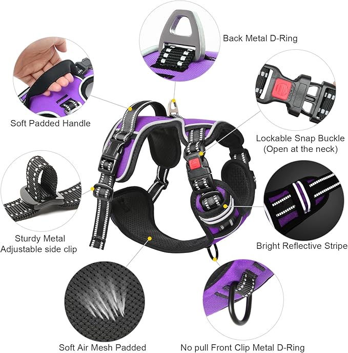 Timos Dog Harness Large Sized, No Pull with Neck Lockable Snap,No Choke Front Clip Dog Reflective Harness,Adjustable Metal Rings 3 Buckles,Easy Control Handle for Large Dogs Purple L-Mewly Pet