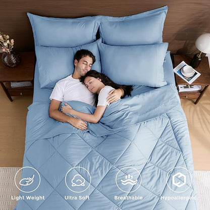 HEVUMYI Light Blue Twin Comforter Set - 5-Piece All Season Bed in a Bag Twin, Ultra Soft Bedding Set with Comforter, Flat Sheet, Fitted Sheet, Pillowcases, Pillow Shams