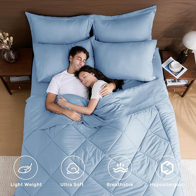 HEVUMYI Light Blue Queen Comforter Set - 7-Piece All Season Bed in a Bag Queen, Ultra Soft Bedding Set with Comforter, Flat Sheet, Fitted Sheet, Pillowcases, Pillow Shams
