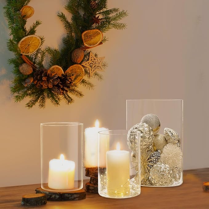 Hurricane Candle Holder,Open Ended Glass Candleholder Multiple Size Choices,Clear Cylinder Glass Candle Holder for Wedding Centerpieces(6 PCS,3 PCS H:6" D:4",3PCS H:5.5" D:3.3")