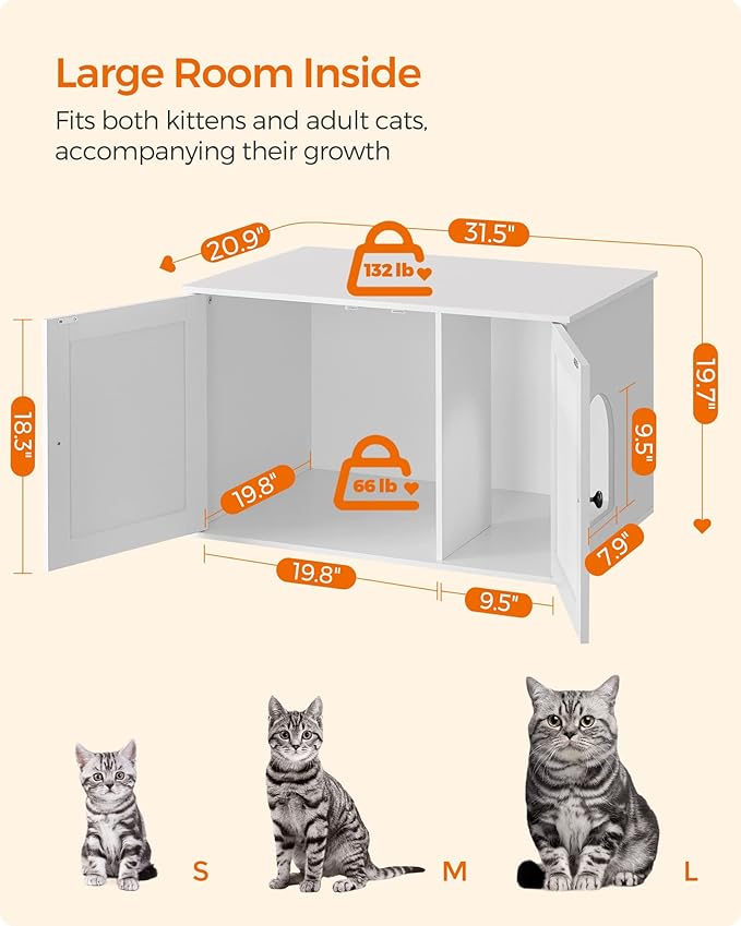 Feandrea Cat Litter Box Enclosure, Litter Box Furniture Hidden with Removable Divider, Indoor Cat House, End Table, 31.5 x 20.9 x 19.7 Inches, White UPCL002W01-Mewly Pet