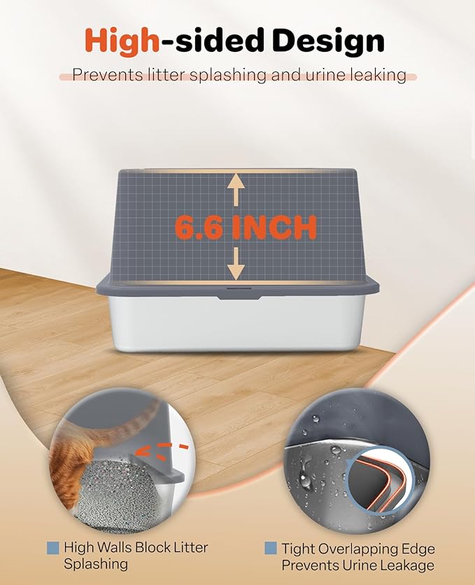 Stainless Steel Litter Box with Lid, 23.5" L x 15.8" W x 10.5" H, Large Metal Cat Box for Big Cats, High Sided Kitty Litter Box with Scoop & Pee Pads, Non-Sticky, Anti-Leakage, Easy to Clean (Gray)-Mewly Pet