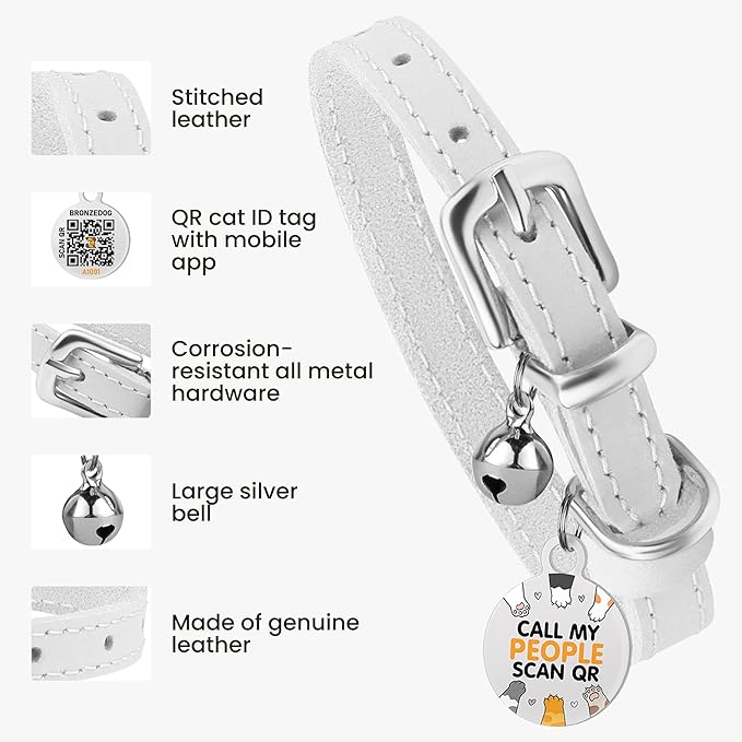 BRONZEDOG Leather Cat Collar with Removable Bells Non Breakaway Kitten QR Tag for Girl Boy (7" - 9" for Cats, White & Silver)-Mewly Pet
