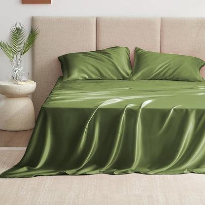 Love's cabin Satin Queen Bed Sheet Set - 4 Piece, Sage, Silky Soft, Deep Pocket, Luxury Feel