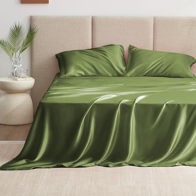 Love's cabin Full Size Satin Sheet Sets - 4 Piece Sage Silky Satin Sheet Set Full with Deep Pocket, Luxury Silk Feel Satin Bed Sheets Full Bedding Set (1 Flat Sheet,1 Fitted Sheet,2 Pillow Cases)