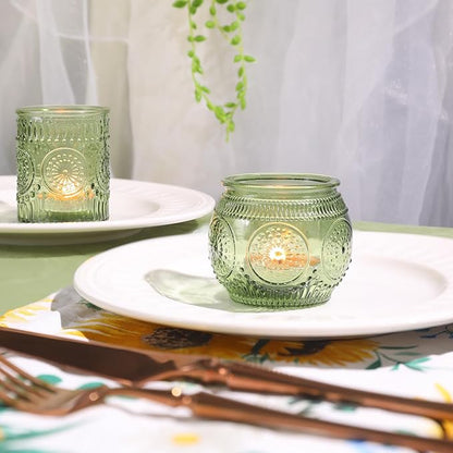 12pcs Assorted Green Votive Candle Holders for Wedding Table Decorations, Glass Tea Lights Candle Holder for Bridal Shower, Baby Shower Decrations, Boho Tea Party Decor, Wedding Party Gifts for Guests