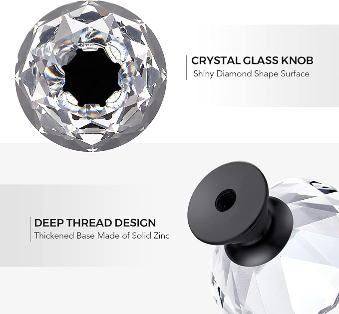 Ravinte 30 Pack Crystal Knobs for Dresser Drawers - 30 mm Glass Cabinet Diamond Shaped Knobs With Black Base