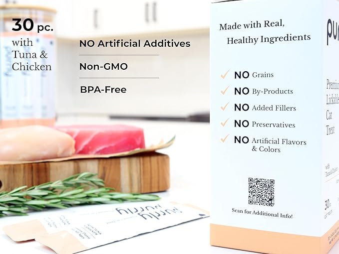 Purrly Cat Treat Topper Lickable Wet Squeezable Healthy Human-Grade Tuna & Chicken Breast with Prebiotic and Dietary Fiber for Indoor Cats (30 Count) Grain-Free Non-GMO No-Preservatives-Mewly Pet