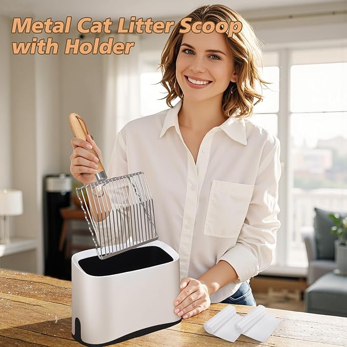 Metal Cat Litter Scoop with Holder, Poop Scooper with Stand&2 Rolls of Garbage Bag, Heavy Duty Stainless Steel Shovel with Wooden, Kitty Quick Sifter for Easy Cleaning, Essential Item for Cat-Mewly Pet