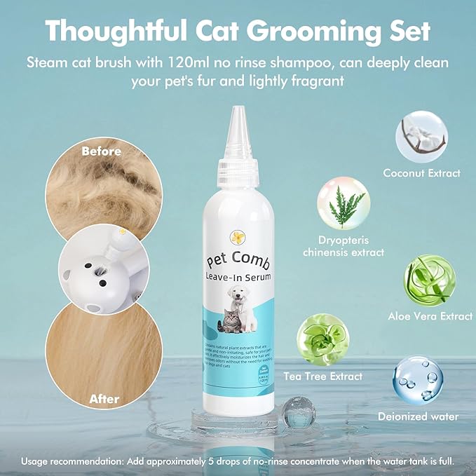 4 in 1 Pet Steam Brush for Cat & Dog, Cat Steam Brush for indoor Cats, Self Cleaning Shedding & Grooming Tool with Waterless Shampoo, Pet Spray Hair Removal Comb with Release Button & Water Tank-Mewly Pet