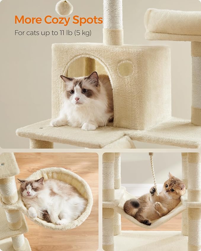 Feandrea Cat Tree, 66.1-Inch Large Cat Tower with 13 Scratching Posts, 2 Perches, 2 Caves, Basket, Hammock, Pompoms, Multi-Level Plush Cat Condo for Indoor Cats, Beige UPCT165M01-Mewly Pet