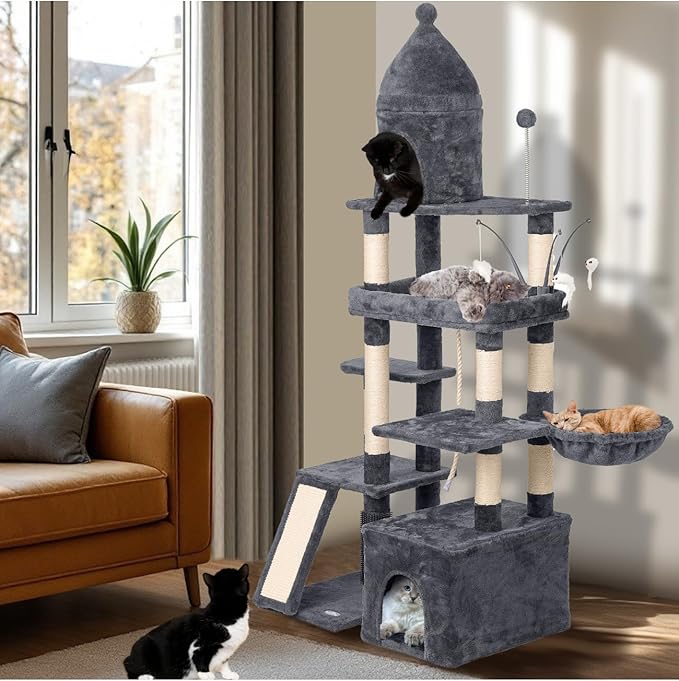 Large Cat Tree Tower for Large Cats, Cat Scratching Post, Self Grooming Post, Interactive Cat Toys, Oversized Perch and Basket, Heavy Duty 72", Dark Grey-Mewly Pet