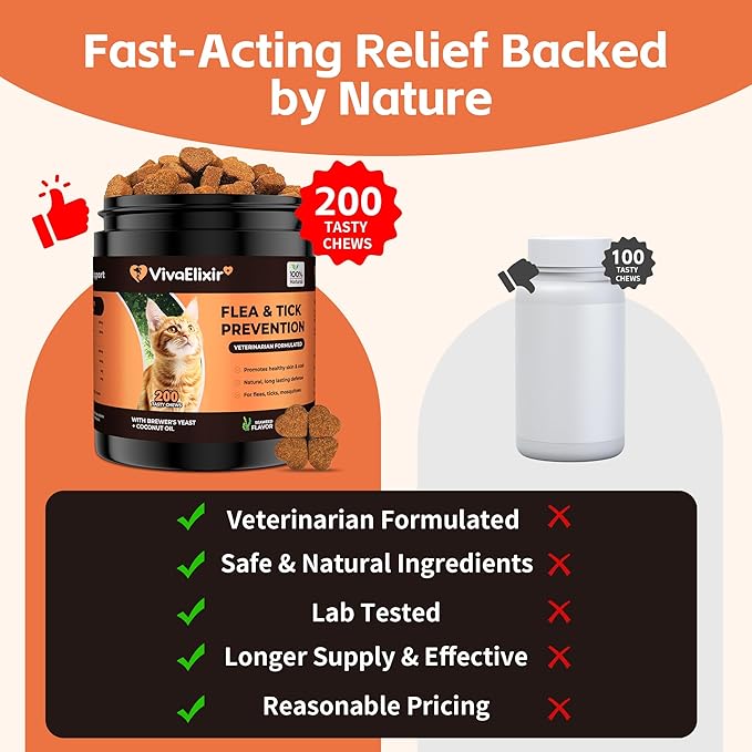 Flea & Tick Treatment for Cats – Natural Flea, Tick & Mosquito Prevention with Brewer’s Yeast, Coconut Oil – Skin & Coat Health, Immune Support – Vet Formulated 200 Chews-Mewly Pet