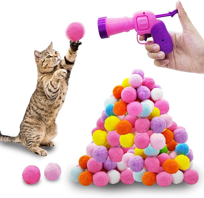 Andiker Plush Pom Pom Balls Set - Interactive Cat Toy (30pcs - Pink: 100balls, Launcher Set)-Mewly Pet