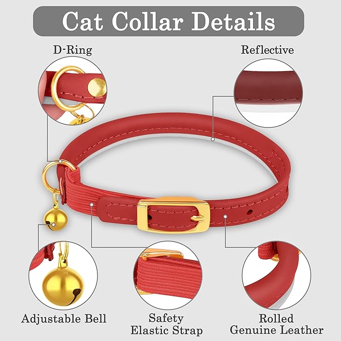 OOPSDOGGY Rolled Leather Cat Collar with Bell - Reflective Kitten Collar with Safety Elastic Strap - Adjustable Small Pet Collars for Boy Girl Cats (Red)-Mewly Pet