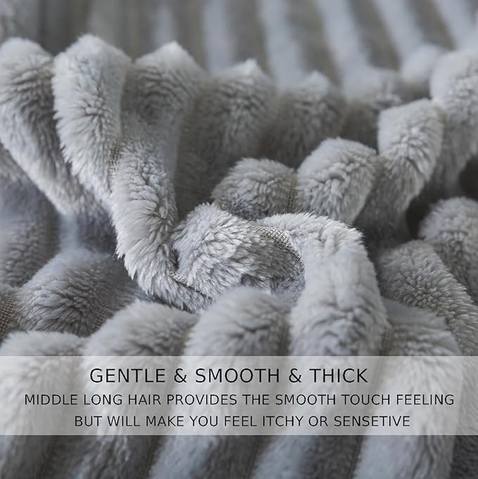 Queen Size Cuddly Fluffy Fleece Blanket, Warm and Soft with Striped Pattern, 90x90 Inches, Ash Grey