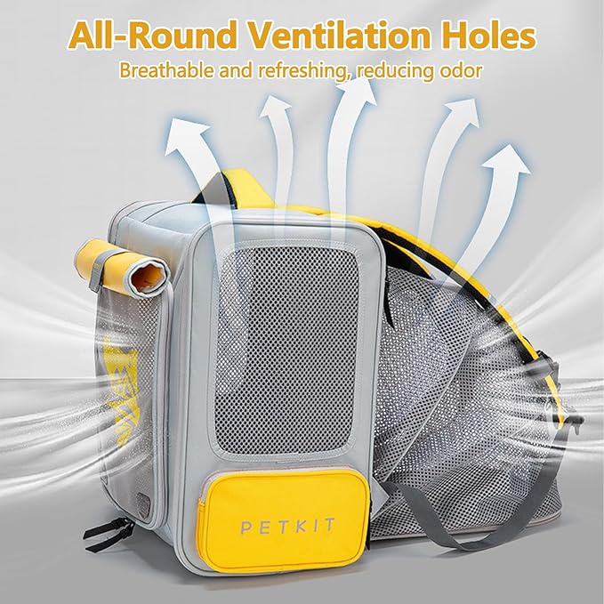 Expandable Pet Backpack, Cat Backpack with Breathable Mesh, Collapsible Soft Cat Travel Bag for Outdoor Hiking, Large Space Dog Backpack(Yellow)-Mewly Pet