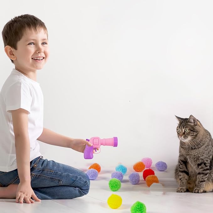 31Pcs Cat Ball Toy Launcher, 30Pcs Plush Fuzzy Balls, Cat Fetch Toy Gun Shooter for Indoor Kittens-Mewly Pet