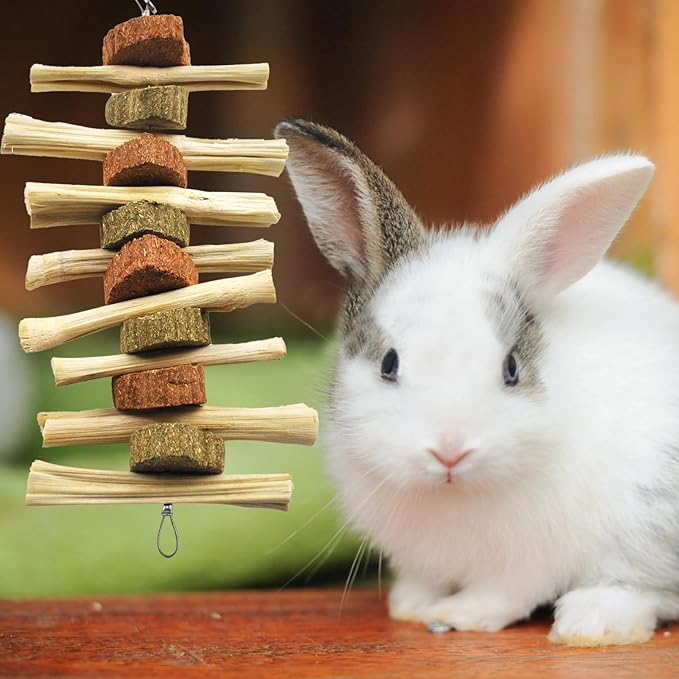 kathson 4 Pcs Bunny Chew Toys for Teeth,Rabbit Hanging Chew Toy Grinding Natural Sweet Bamboo Sticks with Timothy Hay Grass and Carrot Cake for Improve Rodent Small Animals Dental Health-Mewly Pet