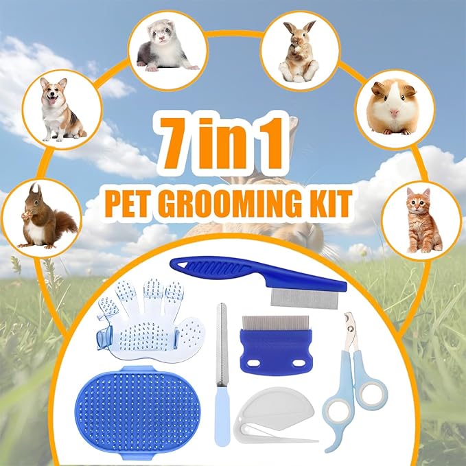 Rabbit Grooming Kit – Bunny Grooming Kit with Shedding Brush, Nail Clippers & Comb – Small Animal Grooming Supplies for Rabbits, Guinea Pigs, Hamsters, Ferrets - Small Pet Shedding & Care (Blue)-Mewly Pet