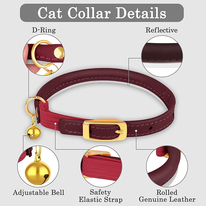 OOPSDOGGY Rolled Leather Cat Collar with Bell - Reflective Kitten Collar with Safety Elastic Strap - Adjustable Small Pet Collars for Boy Girl Cats (Burgundy)-Mewly Pet