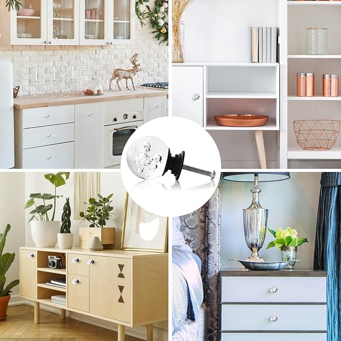 12 Pcs 30mm Round Shape Bubble Crystal Glass Cabinet Knobs with Screws Drawer Knob Pull Handle Used for Kitchen, Dresser, Door, Cupboard (Black Base Clear)