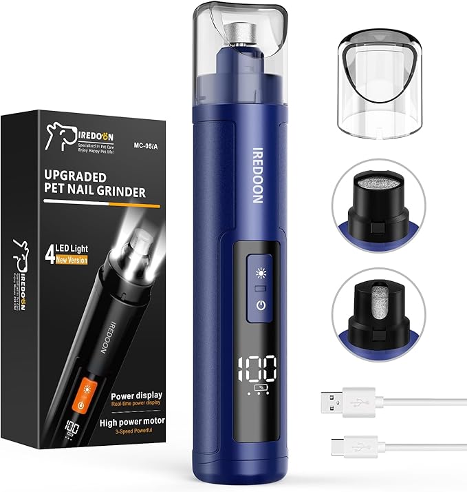 Dog Nail Grinder Upgraded - Professional 3-Speed Super Quiet and Low Vibration Electric Pet Nail Grinder with 4 LED Lights - Painless Paws Grooming & Smoothing for Small to Large Dogs (Blue)-Mewly Pet