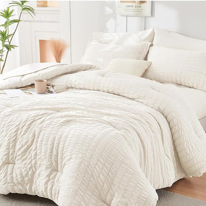 HYMOKEGE Ivory Twin Comforter Set Seersucker 5 Pieces, All Season Luxury Bed in a Bag for Bedroom, Bedding Set with Comforters, Sheets, Pillowcase & Shams