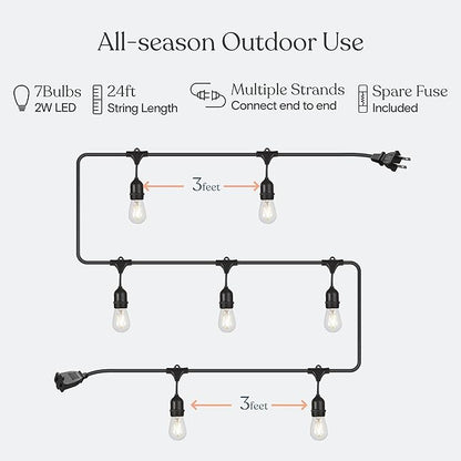 Brightech Ambience Pro - 24 Ft Waterproof LED Outdoor String Lights - Hanging, Dimmable 2W Vintage Edison Bulbs - Commercial Grade Patio Lights Create Cafe Ambience in Your Backyard, 7 Bulbs