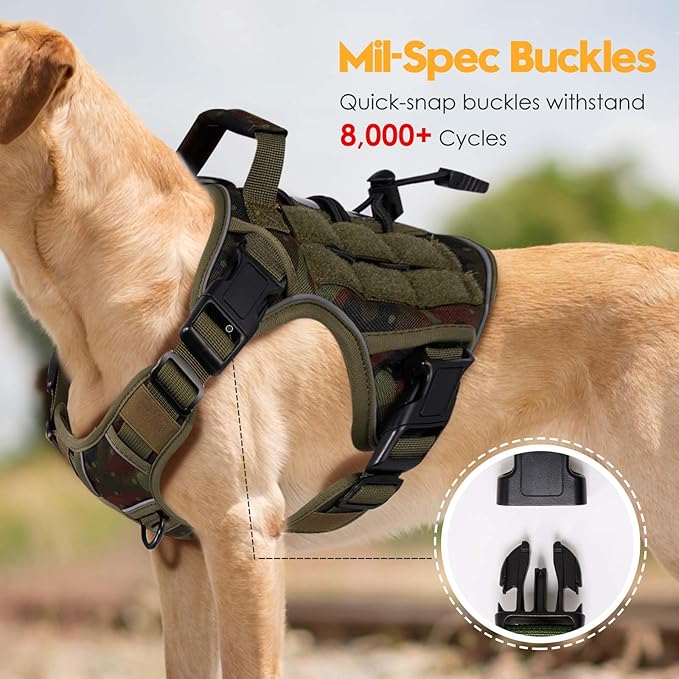 Heavy-Duty Tactical Dog Harness for Large Dogs, No Pull Adjustable Reflective Pet Vest with Molle System, K9 Military-Grade Control for Service Training, Outdoor & 10+ Breeds, Green Camo, Medium-Mewly Pet