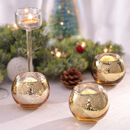 Volens Round Gold Votive Candle Holders, Mercury Glass Candle Holder Set of 12, Thanksgiving Decorations for Home