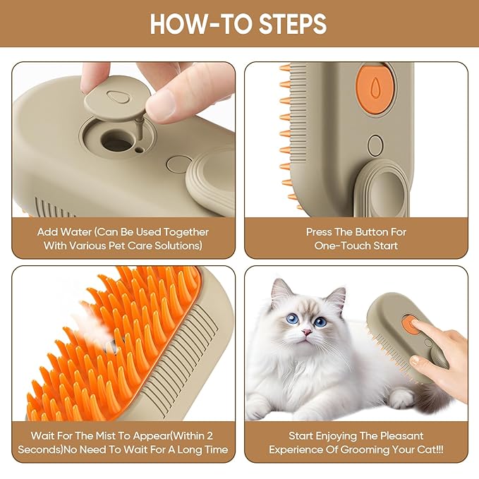 4-in-1 Cat Steam Brush for shedding–Self-Cleaning Comb for Long and Short Hair Cats and Dogs, Steam Pet Brush for Hair Removal, Vibrating Message, Grooming & Relaxation (Khaki)-Mewly Pet