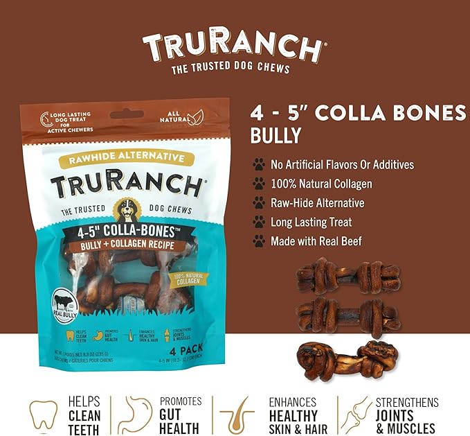 4-5" Collagen Bones, Bully - Collagen Dog Bones - Long Lasting Healthy Joint Support - Rawhide Alternative - Skin & Coat Health, Value Pack, 15 Bags, 60 Count-Mewly Pet
