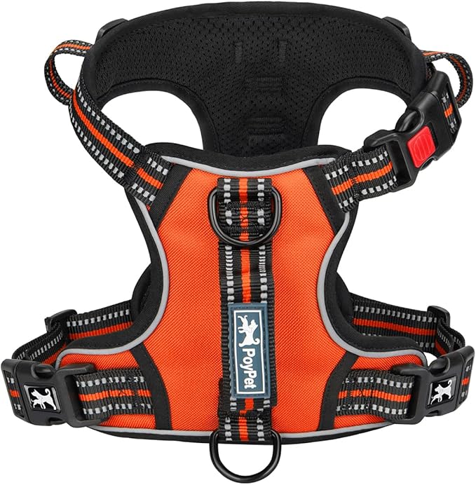 PoyPet No Pull Dog Harness, No Choke Front Clip Reflective Dog Vest with Soft Padded Vertical Handle, 3 Leash Attachments for Small Medium Large Dogs (Orange,M)-Mewly Pet