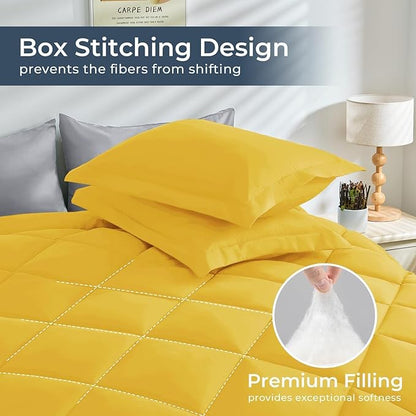 HEVUMYI Cali-King Comforter Set - 7-Piece All Season Bed in a Bag Cali-King, Ultra Soft Bedding Set with Comforter, Flat Sheet, Fitted Sheet, Pillowcases, Pillow Shams, Yellow & Light Grey