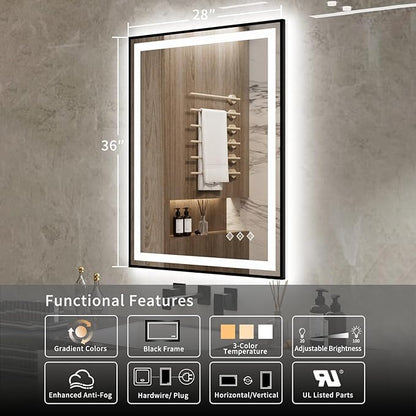 LED Bathroom Mirror, 28x36 Inch Black Framed Gradient Front and Backlit Bathroom Mirror with Lights, 3 Colors Dimmable CRI>90, Enhanced Anti-Fog Wall Mounted LED Mirror for Bathroom