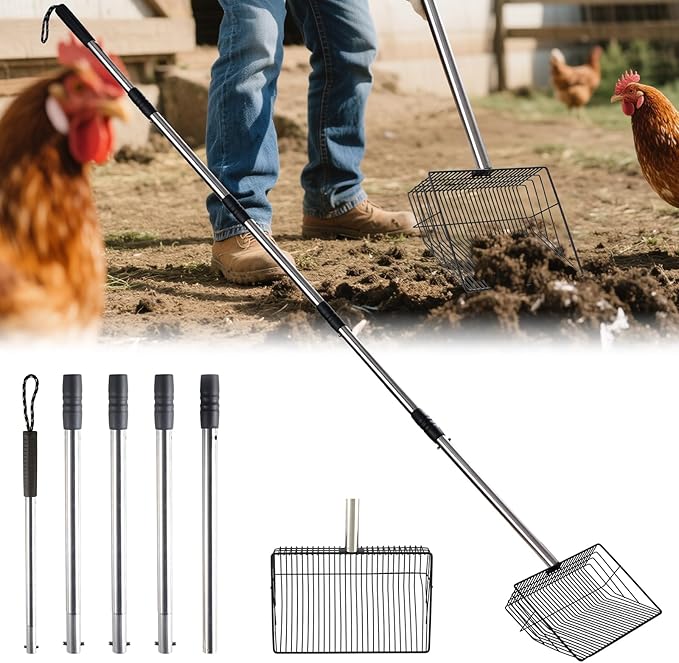 10 inch Large Chicken Poop Scooper,4 in1 Chicken Coop Poop Shovel,Adjustable 32" to 67" Stainless Steel Chicken Coop Scoop,Litter Sifting Shovel Poop Scooper for Chicken Coop Pet Waste-Mewly Pet