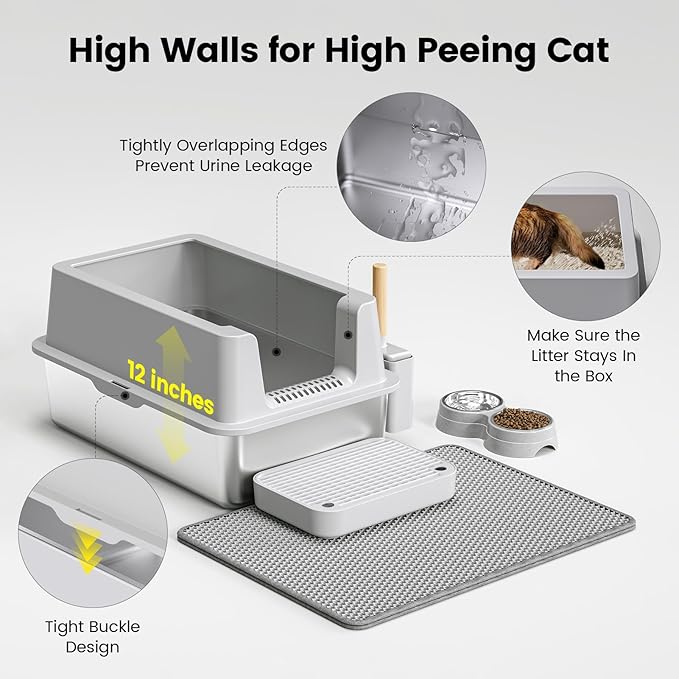 Stainless Steel Cat Litter Box - Enclosed XL Metal Kitty Litter Box with Lid for Big Cats, High Sided, Anti-Leakage, Easy Cleaning, Non-Sticky, Included Litter Mat, Cat Bowl & Spoon-Mewly Pet