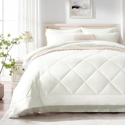 Love's cabin Full Comforter Set Ivory, 7 Pieces Full Bed in a Bag, All Season Bedding Sets with 1 Comforter, 1 Flat Sheet, 1 Fitted Sheet, 2 Pillowcase and 2 Pillow Sham