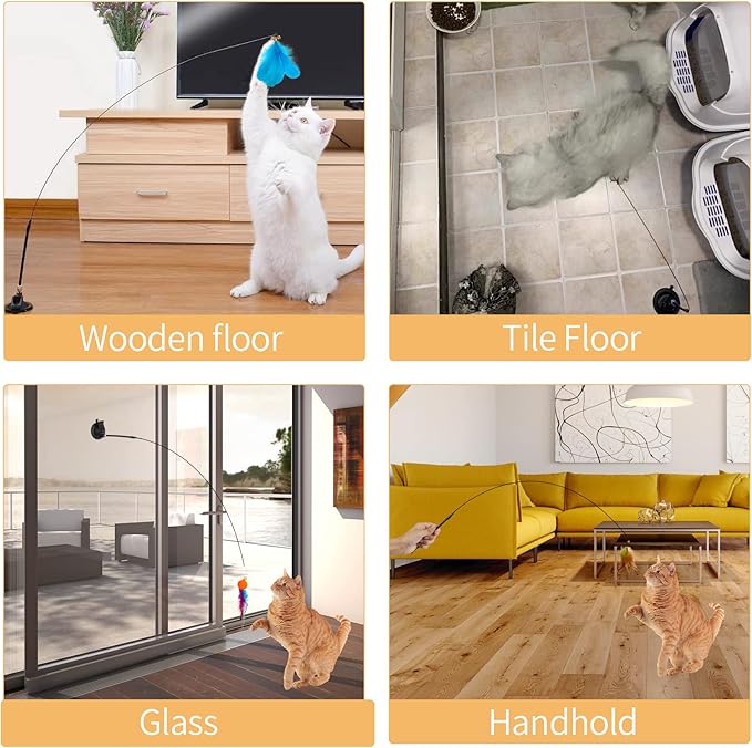 Cat Toys Wand Hands-Free Interactive with Super Suction Cup Sticky Detachable 9Pcs Refills 2 Stick for Indoor (Cat Wand with Suction Cup)-Mewly Pet