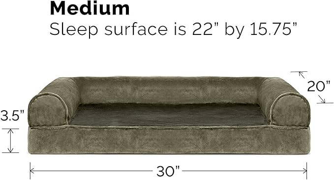 FurHaven Soft, Orthopedic Foam Sofa Dog Bed with Washable & Removable Cover - Faux Fur/Velvet - Dark Sage, Dogs Up to 35 lbs - Medium-Mewly Pet