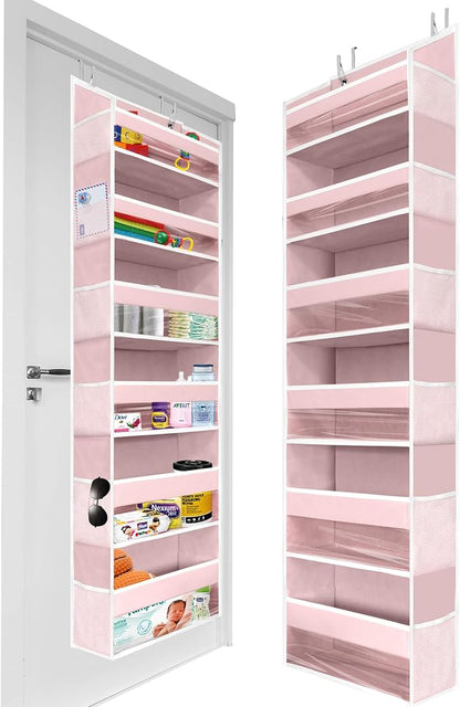 HOMELUX THEORY 1 PC Heavy Duty Over the Door Organizer 55x14x6.7, 6 Large Front & 12 Side Pockets, Hanging Storage Closet Door Organizer for Bedroom, Bathroom and Baby Nursery Storage (Baby Pink)