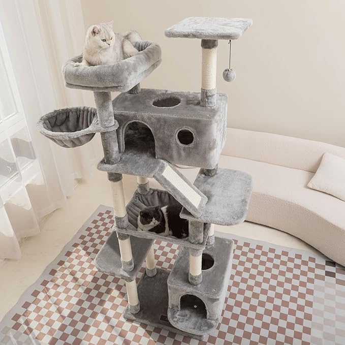 73 inches Large Cat Tree for Indoor Cats, Tall Cat Tower with Sisal Scratching Posts and Pads, Padded Plush Perch, Cozy Basket, Plush Condo for Large Cats (Grey)-Mewly Pet