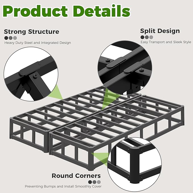 EMODA 10 Inch Split Queen Box Spring Bed Base, 2 Piece Heavy Duty Metal Box Spring for Queen Bed with Fabric Cover, Easy Assembly