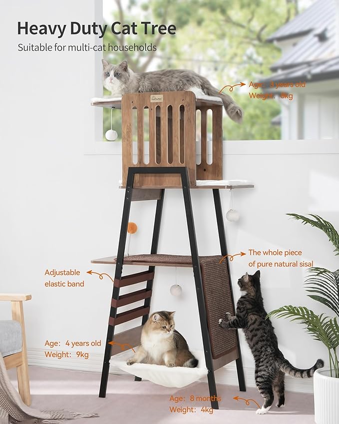 FourFurPets Modern Cat Tree, 58-Inch Cat Tower for Large Cats, Maine Coon Cat Tree with Scratching Board, Large Perch, Hammock and Removable Pads, Greige-Mewly Pet