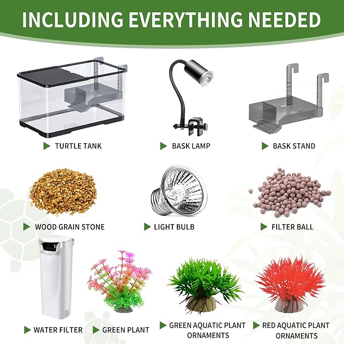 (Tank + Light + Filter + Filter Balls) Turtle Tank Kit, Turtle Tank Starter Kit,Bottom Drainage, Multi-Function Areas for Turtles, Crabs,Fishes, Amphibians,Reptiles. (15.75 x 8.64 x 8.64 Inch)-Mewly Pet