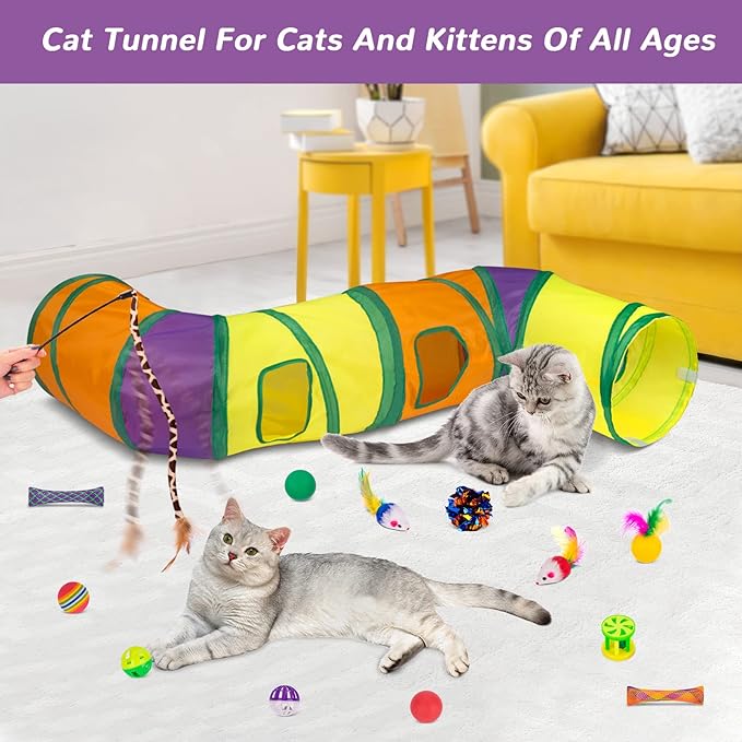 Retro Shaw Cat Toys Kitten Toys, Interactive Cat Tunnels Toy for Indoor Cats Kitty, Kitten Tube Tent Feather Wand Teaser Bell Fuzzy Ball Springs Mouse (33 Pcs Large Cat Tunnel Toys Set)-Mewly Pet